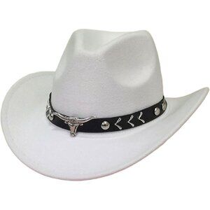 Unisex White 100% Polyester Bull Skull Band Classic Fedora Cowboy Felt Hat